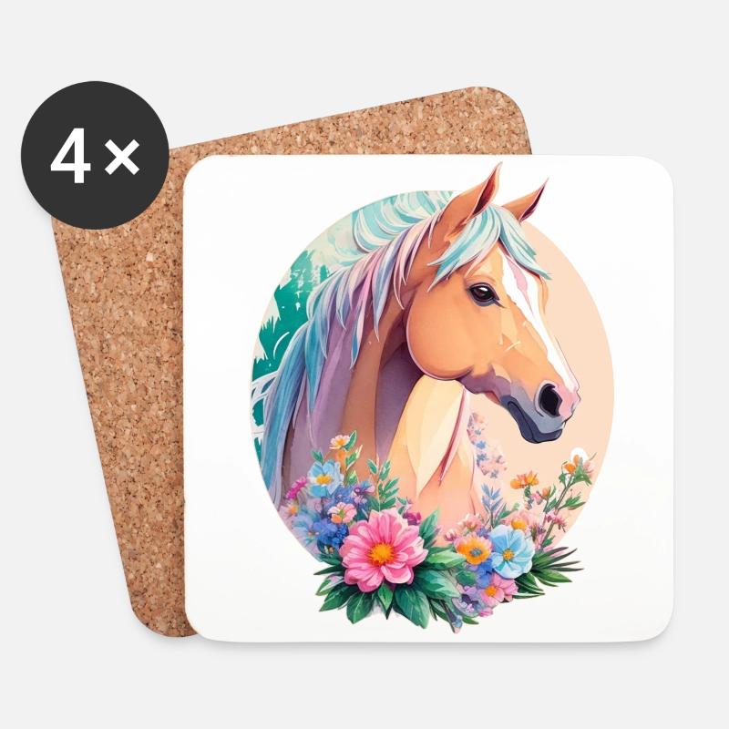 Pastell Farben Pony Pferd Kunst mit Blumen - Untersetzer (4er-Set) - Weiß