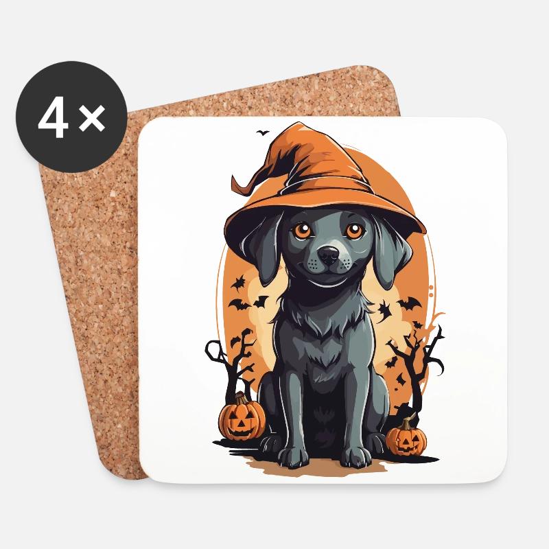 Süßer Halloween Hund mit Hexen Hut Design - Untersetzer (4er-Set) - Weiß