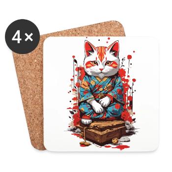 Ukiyo-E Style Lucky and Cat Lucky Charm Cats - Coasters (set of 4) - white - Front