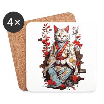 Japanese Kimono Cat Ukiyo-E Cat Design - Coasters (set of 4) - white - Front