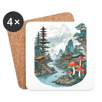 Champignon Vintage paysage Japon Design esthétique - Dessous de verre (lot de 4) - blanc - Devant