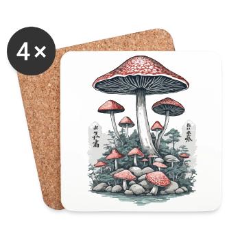 Japanese Toadstool Vintage Ukiyo-E Mushroom Design - Coasters (set of 4) - white - Front