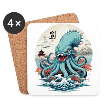 Vintage Kraken Sea Monster Japan Style Aesthetic - Coasters (set of 4) - white - Front
