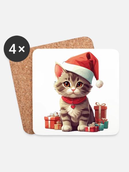 Christmas Katze Nikolaus Weihnachtsmann Katzen - Untersetzer (4er-Set) - Weiß