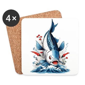 Ukiyo-E Fish Angler and Fish Japan Illustration - Coasters (set of 4) - white - Front