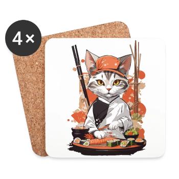 Kawaii Sushi Master Cat Japan Food Aesthetic - Coasters (set of 4) - white - Front