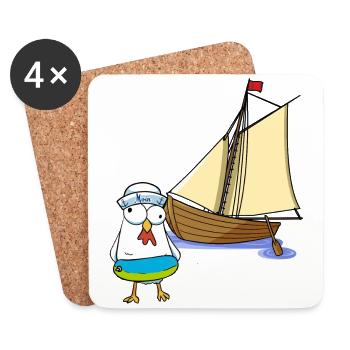 poulets, marins, bateau, mer, lac, voilier, ahoy, enfant - Dessous de verre (lot de 4) - blanc - Devant