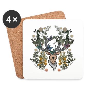 Tête de cerf printemps nature fleurs bois de cerf - Dessous de verre (lot de 4) - blanc - Devant