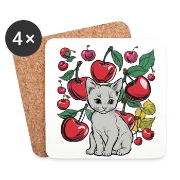 cerises, jardin, chat, été, fruits, fruits - Dessous de verre (lot de 4) - blanc - Devant