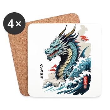 Vintage Ukiyo-E Kunst Japanischer Drache mit Kanji - Untersetzer (4er-Set) - Weiß - Vorne