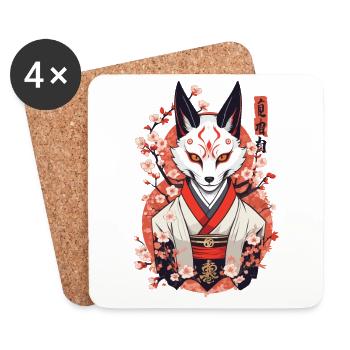 Masque Kitsune Japonais Anime Kawaii Renard Fantôme - Dessous de verre (lot de 4) - blanc - Devant