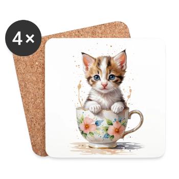 Entzückendes Kätzchen in einer geblümten Teetasse - Untersetzer (4er-Set) - Weiß - Vorne