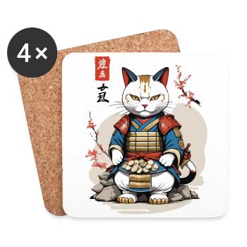 Chat samouraï dans le style Ukiyo-E asiatique - Dessous de verre (lot de 4) - blanc - Devant