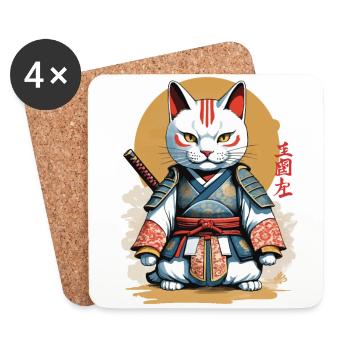 Chat samouraï Japonais Œuvre d’art Anime Design - Dessous de verre (lot de 4) - blanc - Devant