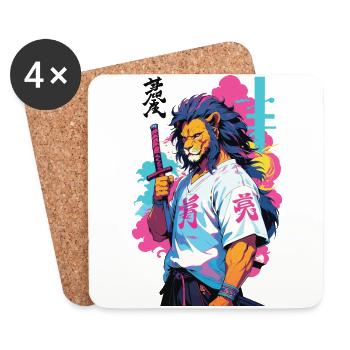 Samouraï Lion Esthétique Vaporwave Style Japon Art - Dessous de verre (lot de 4) - blanc - Devant