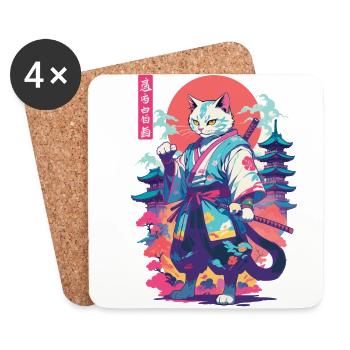 Chat samouraï Vaporwave Esthétique Japon Art - Dessous de verre (lot de 4) - blanc - Devant