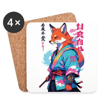 Kitsune Samurai Fox Esthétique Style Vaporwave - Dessous de verre (lot de 4) - blanc - Devant