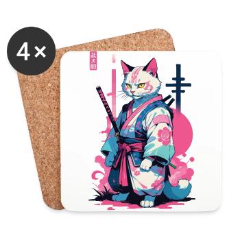 Chat samouraï Vaporwave Esthétique Japon Art - Dessous de verre (lot de 4) - blanc - Devant