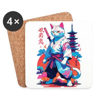 Chat samouraï Vaporwave Esthétique Japon Art - Dessous de verre (lot de 4) - blanc - Devant
