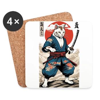 Samurai Cat Vintage Ukiyo-E Aesthetic Japan Style - Coasters (set of 4) - white - Front