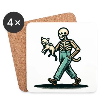 Funny Retro Cartoon Skeleton Cat Owner - Coasters (set of 4) - white - Front