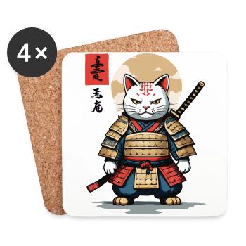 Samurai Cat Asian Ukiyo-E Style Aesthetic - Coasters (set of 4) - white - Front