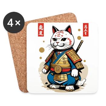 Chat samouraï dans le style esthétique japonais - Dessous de verre (lot de 4) - blanc - Devant