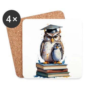 Hibou sur les livres - Aquarelle savante - Dessous de verre (lot de 4) - blanc - Devant