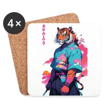 Tiger Yokai Vaporwave Aesthetic Samurai Art - Coasters (set of 4) - white - Front