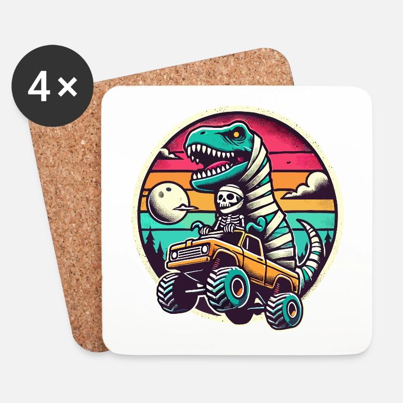 Dino Mit Skelett Dinosaurier Auf Monstertruck - Untersetzer (4er-Set) - Weiß