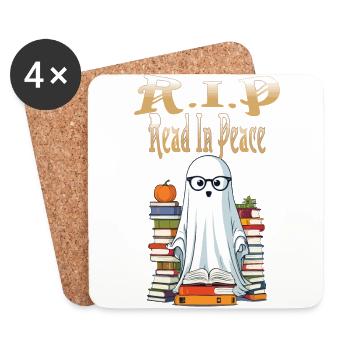 Cute Book Lover Ghost Halloween - Coasters (set of 4) - white - Front