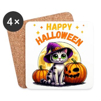Halloween Katze Hexenhut Kürbis Sterne Niedlich - Untersetzer (4er-Set) - Weiß - Vorne