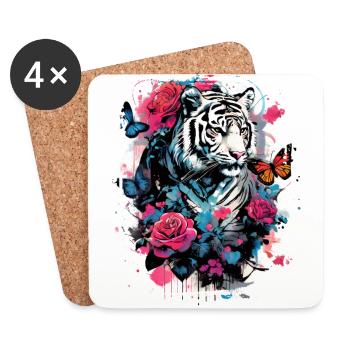 Majestic tiger with butterflies and roses - Coasters (set of 4) - white - Front