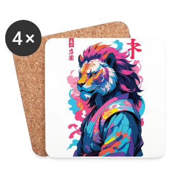Samurai Lion Aesthetic Vaporwave Style - Coasters (set of 4) - white - Front