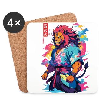Samouraï Lion Esthétique Vaporwave Style Japon Art - Dessous de verre (lot de 4) - blanc - Devant