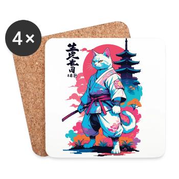 Chat samouraï Vaporwave Esthétique Japon Art - Dessous de verre (lot de 4) - blanc - Devant