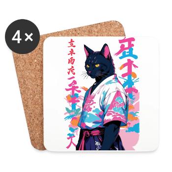 Samurai Cat Vaporwave Aesthetic Samurai Art - Coasters (set of 4) - white - Front