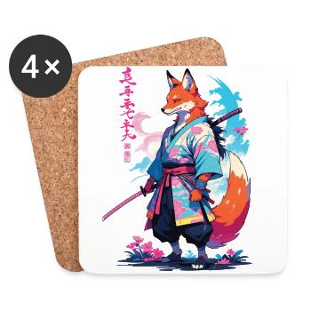 Kitsune Samurai Fox Aesthetic Vaporwave Style - Coasters (set of 4) - white - Front
