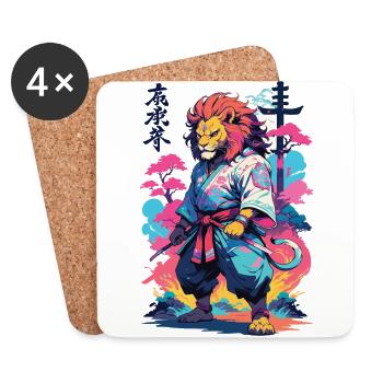 Samouraï Lion Esthétique Vaporwave Style Japon Art - Dessous de verre (lot de 4) - blanc - Devant