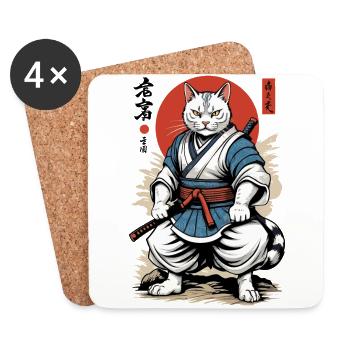 Samurai Cat Vintage Ukiyo-E Japanese Design - Coasters (set of 4) - white - Front