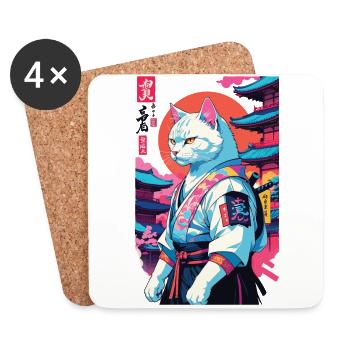 Chat samouraï Vaporwave Esthétique Japon Art - Dessous de verre (lot de 4) - blanc - Devant
