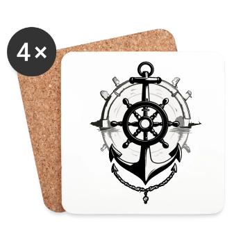 Captain Steering Wheel Anchor Sailboat Motif - Coasters (set of 4) - white - Front