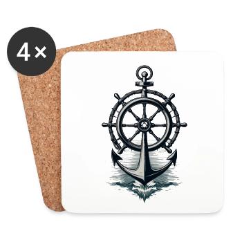 Captain Steering Wheel Anchor Sailboat Adventure - Coasters (set of 4) - white - Front