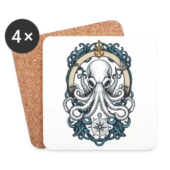 Octopus Sea Monster Fisherman Captain Sailboat - Coasters (set of 4) - white - Front