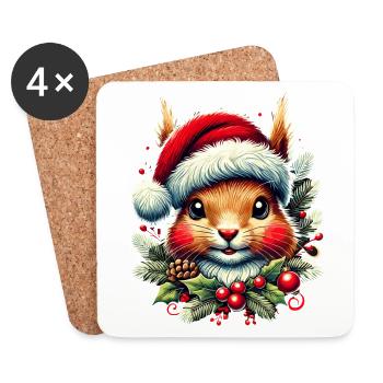 Écureuil de Noël avec chapeau de Noël - Dessous de verre (lot de 4) - blanc - Devant