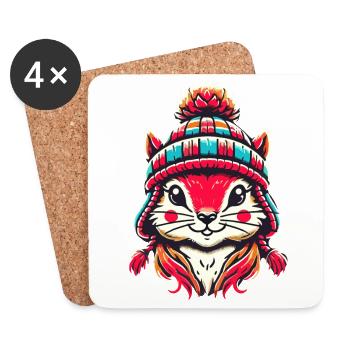 Écureuil joyeux avec chapeau d’hiver - Dessous de verre (lot de 4) - blanc - Devant