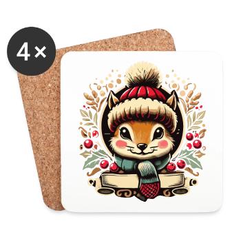 Écureuil de Noël avec chapeau et écharpe - Dessous de verre (lot de 4) - blanc - Devant