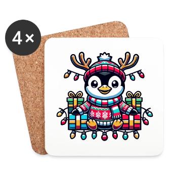 Pingouin joyeux avec des guirlandes lumineuses et des cadeaux - Dessous de verre (lot de 4) - blanc - Devant