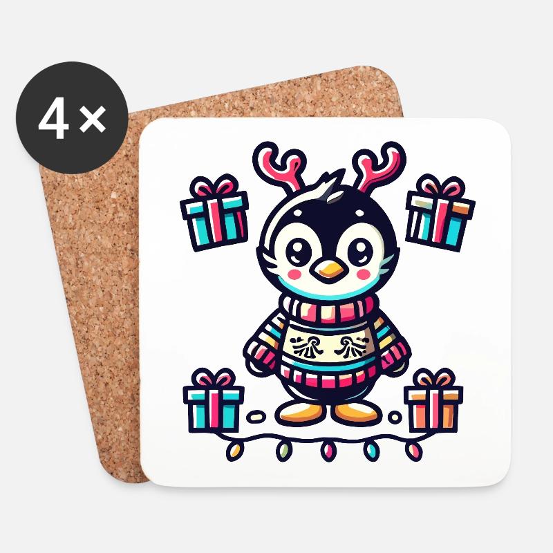 Süßer Pinguin Mit Rentiergeweih Und Geschenken - Untersetzer (4er-Set) - Weiß