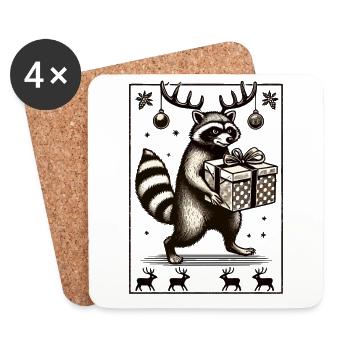Raton laveur de Noël avec cadeau - Dessous de verre (lot de 4) - blanc - Devant